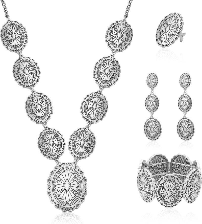 JMScape 4 PCS Western Turquoise Jewelry for Women Boho Vintage Navajo Pearl Necklace Earring Bracelet Ring Set Country Cowgirl Accessories for Gift - Image 1